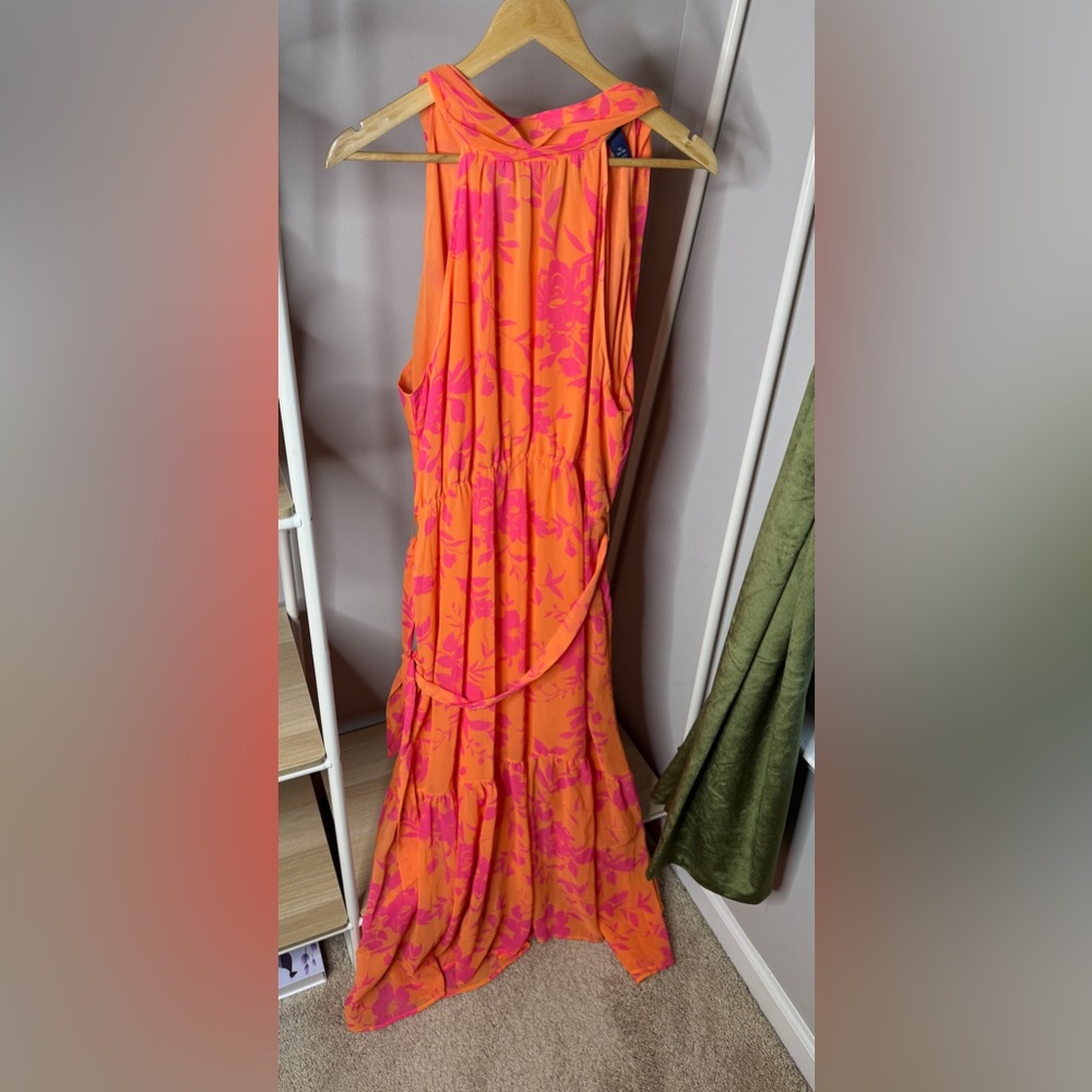 Bright pink and orange floral maxi tie neck Scoop dress